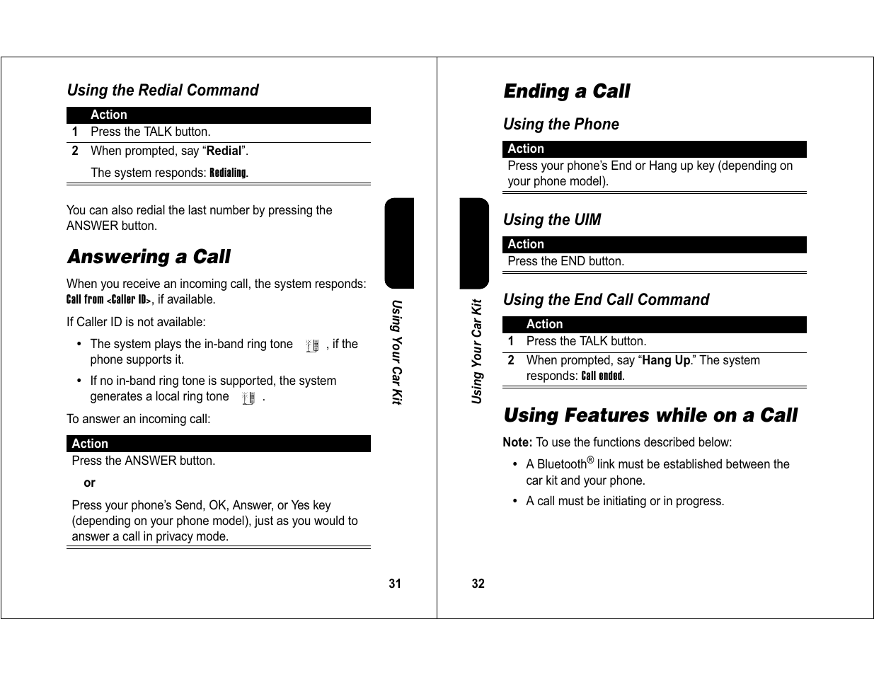 Answering a call, Ending a call, Using features while on a call | Motorola 6840420Z01-AD User Manual | Page 17 / 141