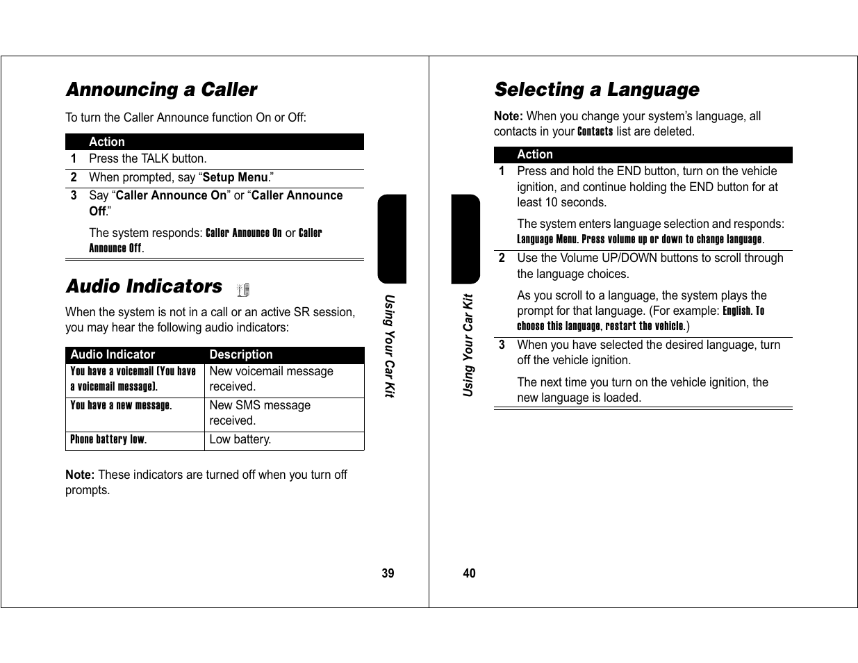 Announcing a caller, Audio indicators, Selecting a language | Motorola 6840420Z01-AD User Manual | Page 21 / 141