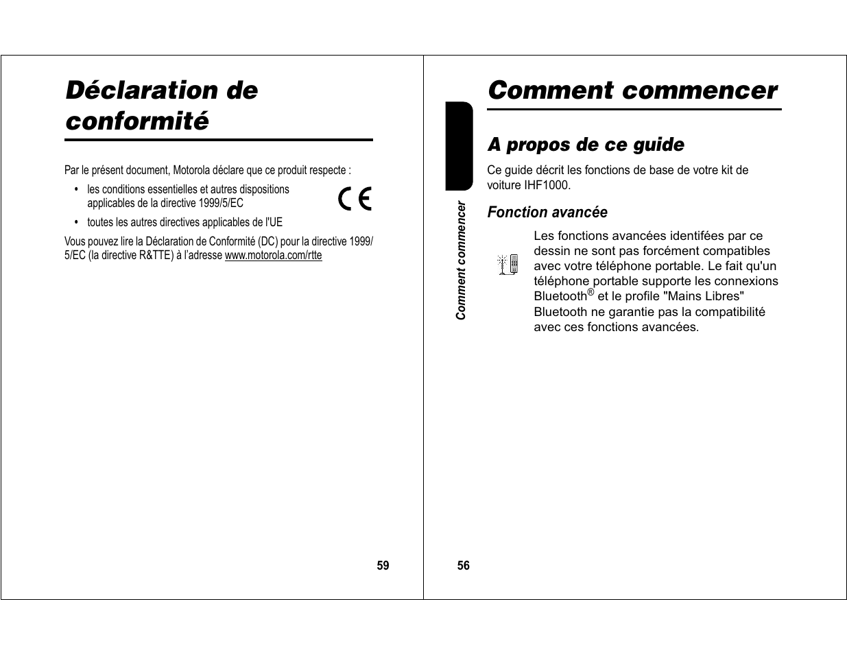 Déclaration de conformité, Comment commencer, A propos de ce guide | Motorola 6840420Z01-AD User Manual | Page 31 / 141