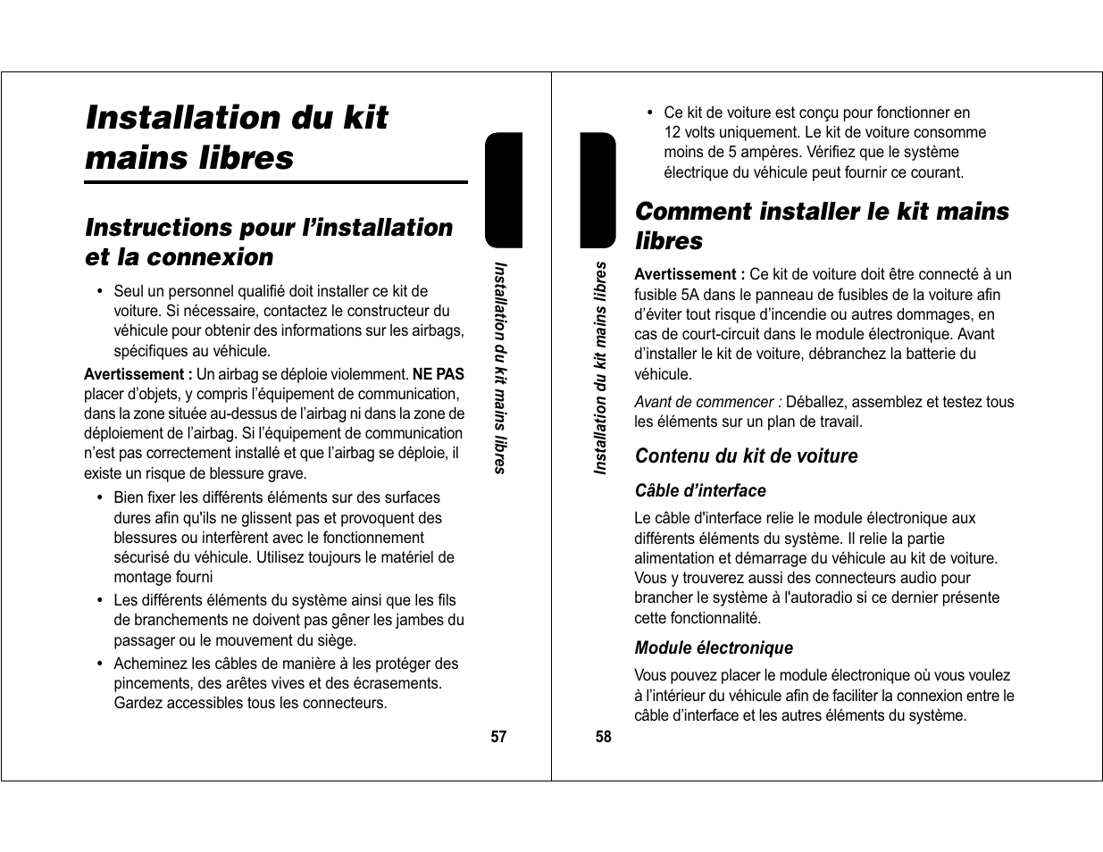 Installation du kit mains libres, Instructions pour l’installation et la connexion, Comment installer le kit mains libres | Motorola 6840420Z01-AD User Manual | Page 32 / 141