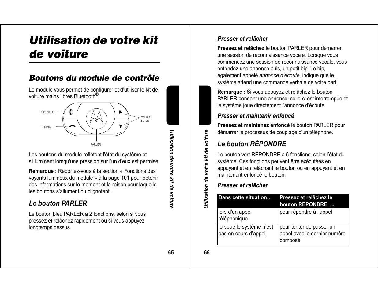 Utilisation de votre kit de voiture, Boutons du module de contrôle | Motorola 6840420Z01-AD User Manual | Page 36 / 141