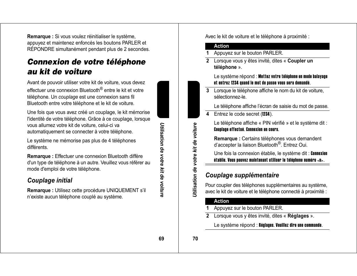 Connexion de votre téléphone au kit de voiture | Motorola 6840420Z01-AD User Manual | Page 38 / 141