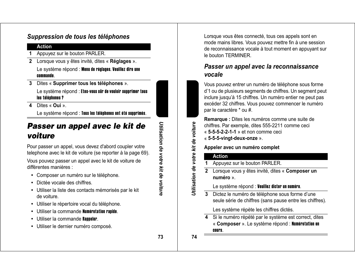 Passer un appel avec le kit de voiture | Motorola 6840420Z01-AD User Manual | Page 40 / 141