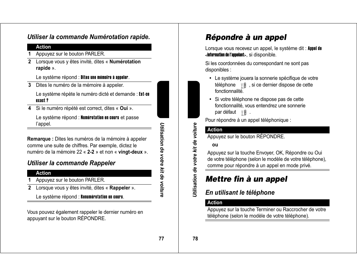 Répondre à un appel, Mettre fin à un appel | Motorola 6840420Z01-AD User Manual | Page 42 / 141