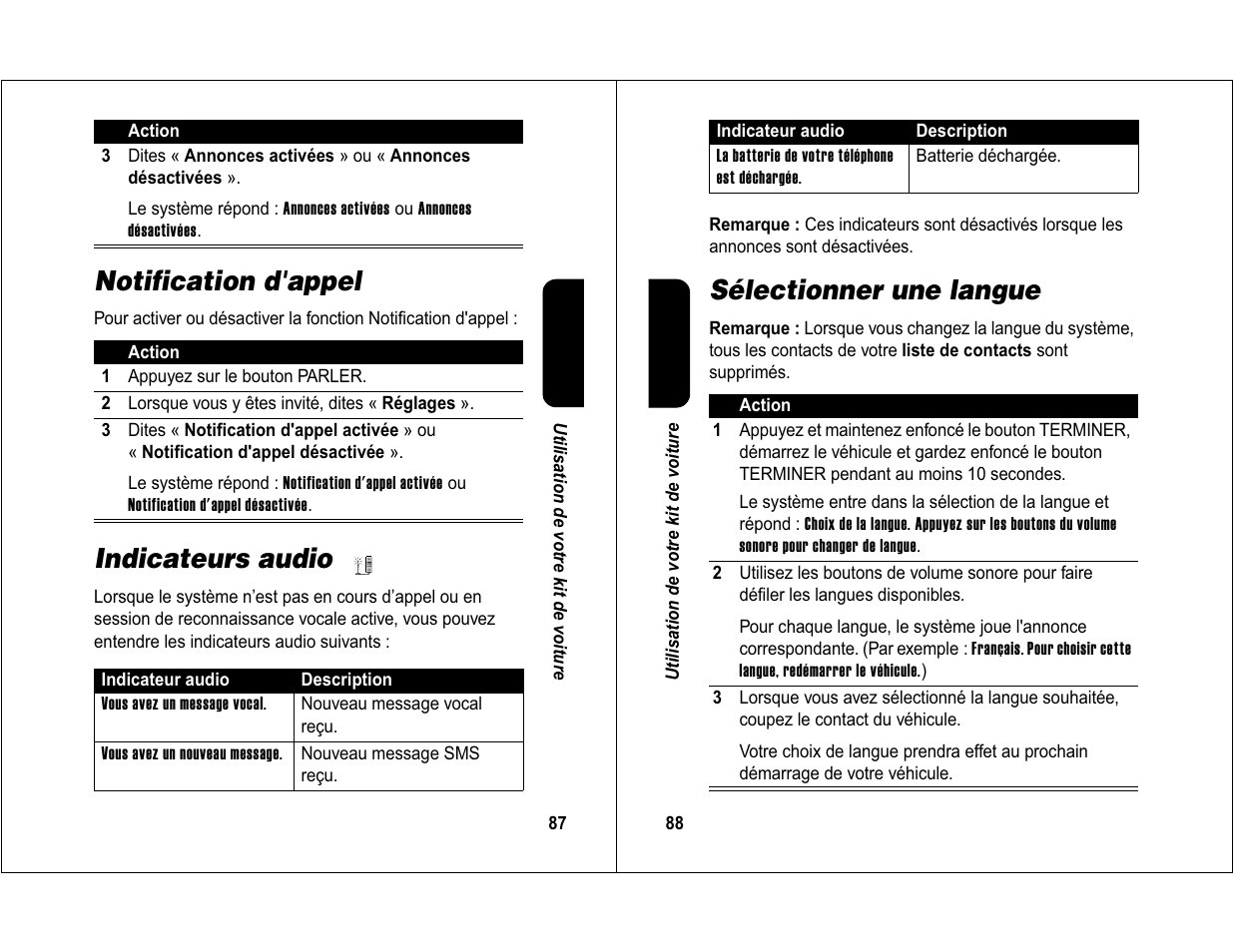 Notification d'appel, Indicateurs audio, Sélectionner une langue | Motorola 6840420Z01-AD User Manual | Page 47 / 141