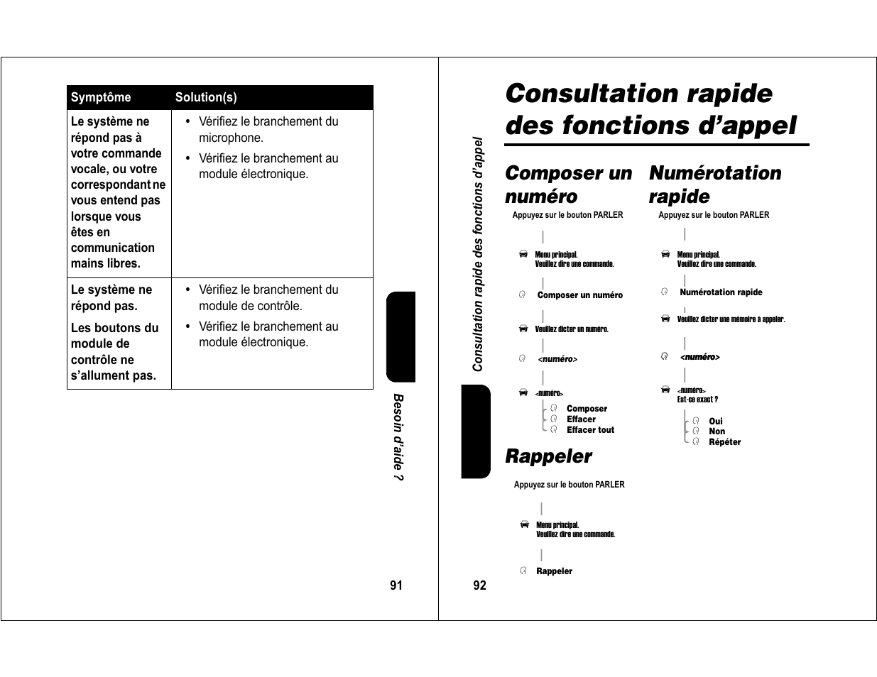 Consultation rapide des fonctions d’appel, Composer un numéro numérotation rapide rappeler | Motorola 6840420Z01-AD User Manual | Page 49 / 141
