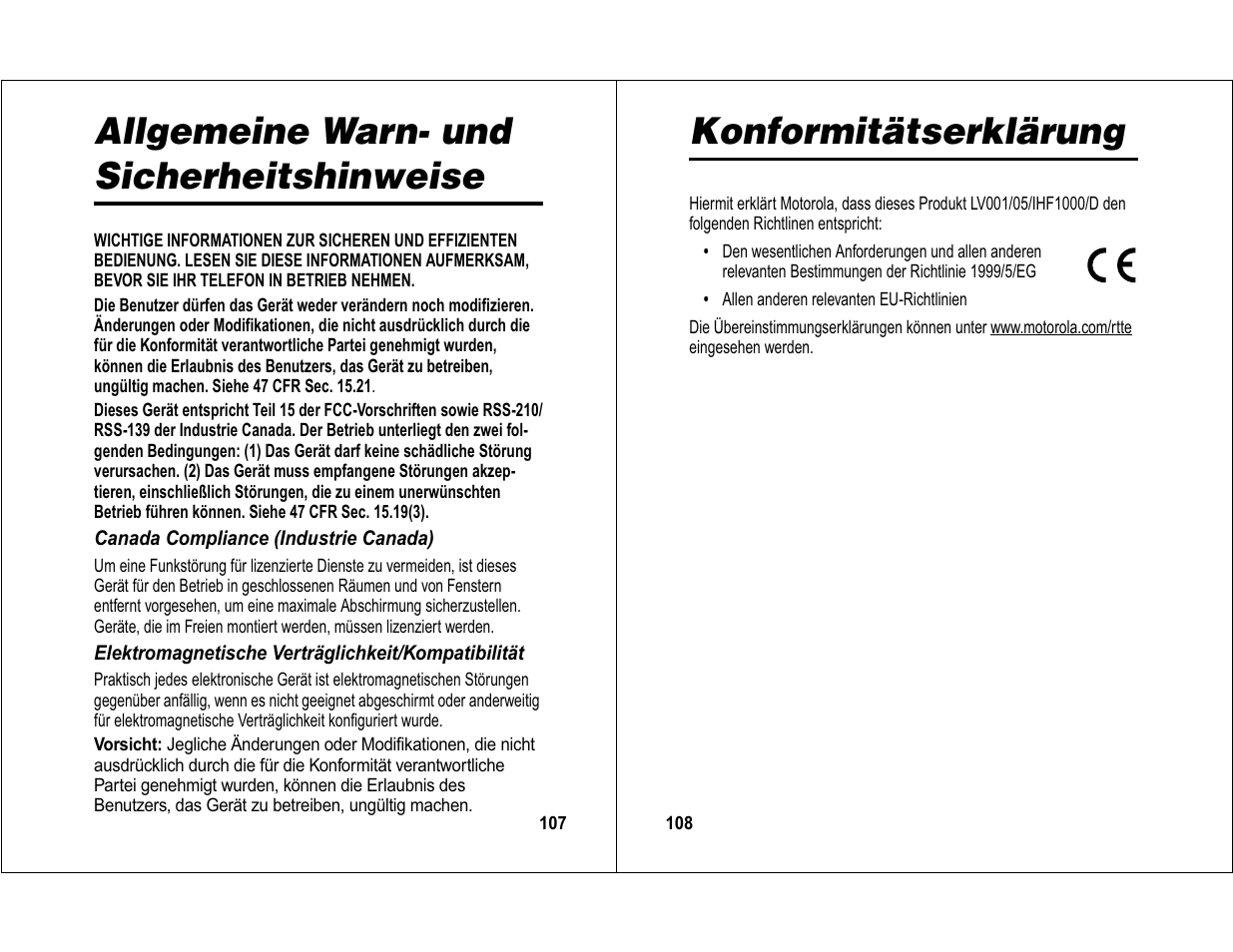 Allgemeine warn- und sicherheitshinweise, Konformitätserklärung | Motorola 6840420Z01-AD User Manual | Page 57 / 141