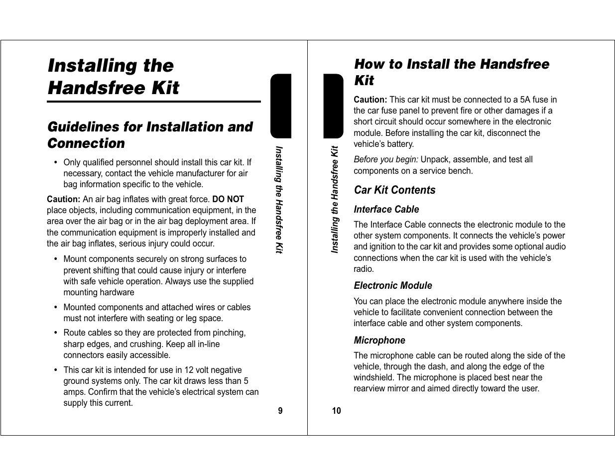 Installing the handsfree kit, Guidelines for installation and connection, How to install the handsfree kit | Motorola 6840420Z01-AD User Manual | Page 6 / 141