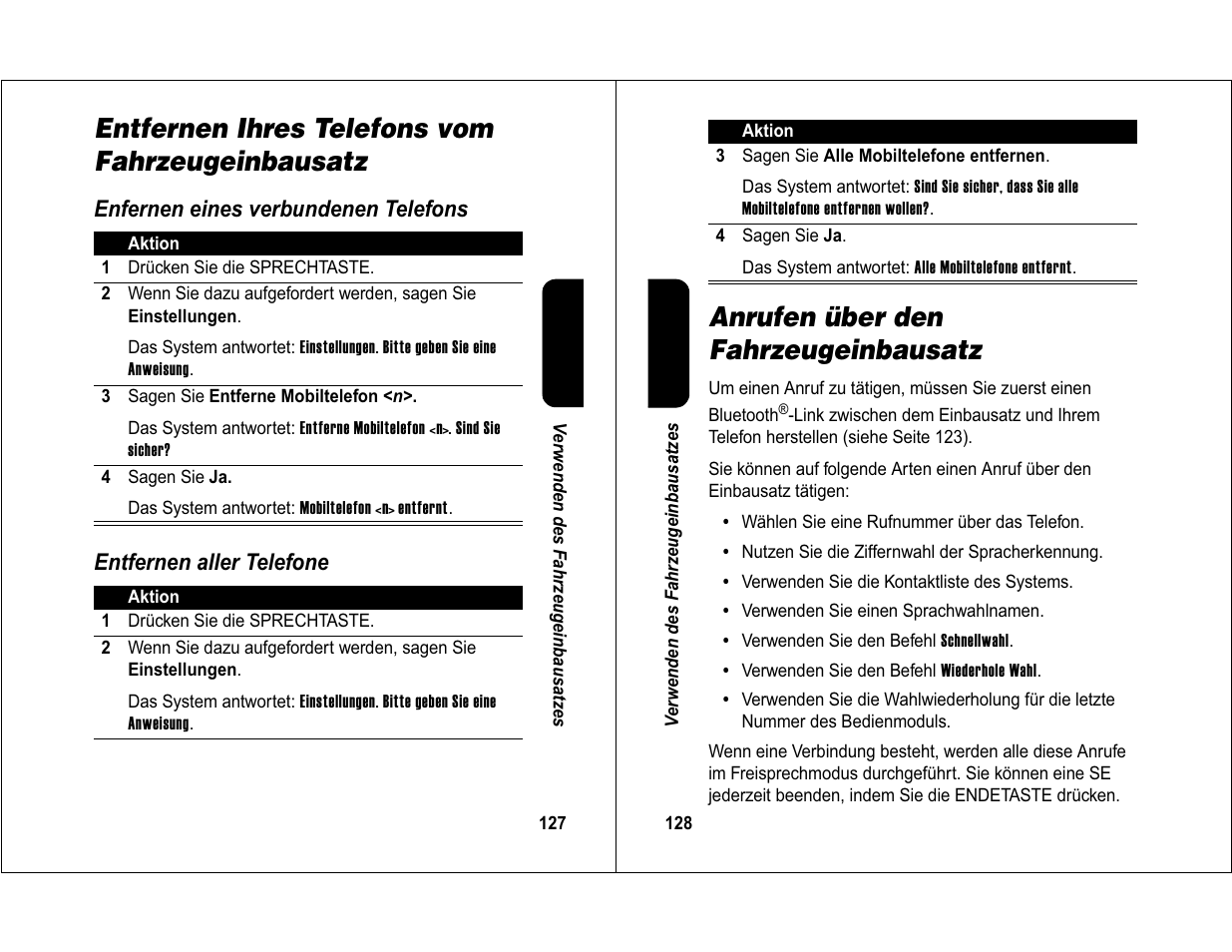 Entfernen ihres telefons vom fahrzeugeinbausatz, Anrufen über den fahrzeugeinbausatz | Motorola 6840420Z01-AD User Manual | Page 67 / 141