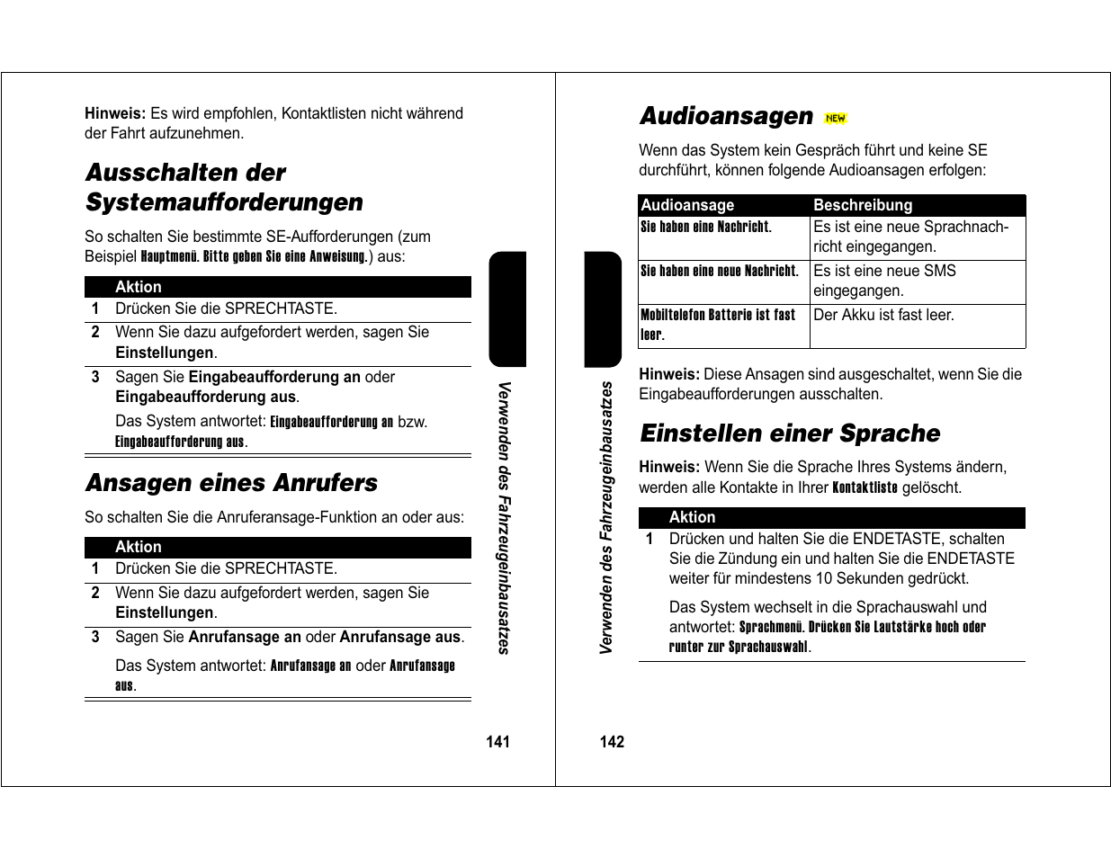 Ausschalten der systemaufforderungen, Ansagen eines anrufers, Audioansagen | Einstellen einer sprache | Motorola 6840420Z01-AD User Manual | Page 74 / 141