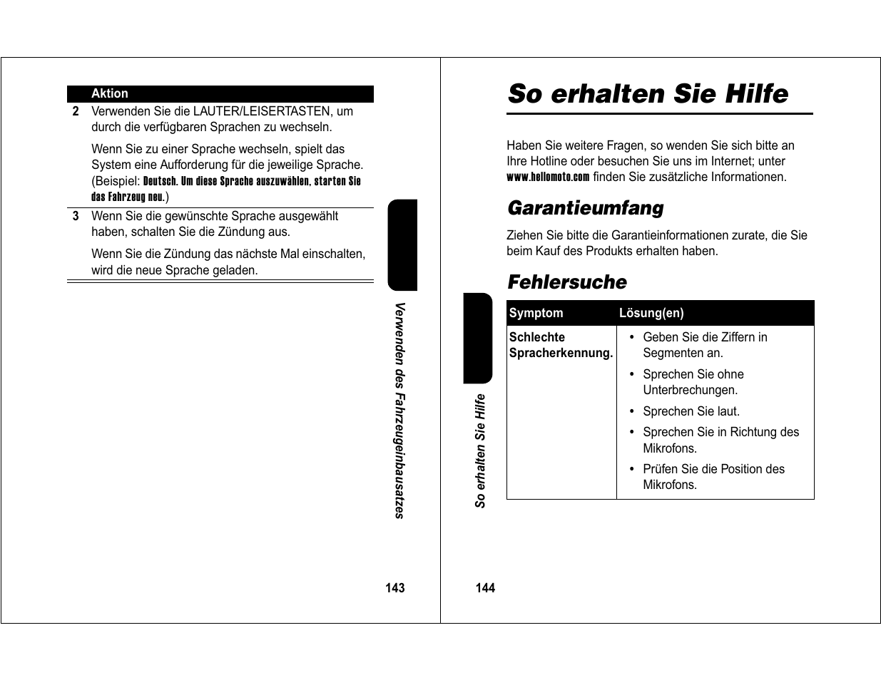 So erhalten sie hilfe, Garantieumfang, Fehlersuche | Motorola 6840420Z01-AD User Manual | Page 75 / 141