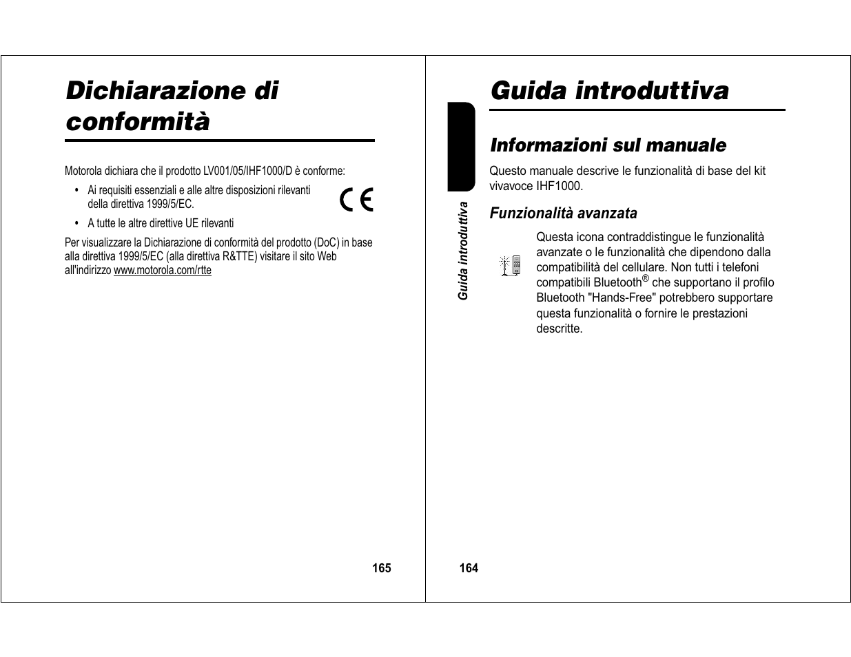 Dichiarazione di conformità, Guida introduttiva, Informazioni sul manuale | Motorola 6840420Z01-AD User Manual | Page 86 / 141