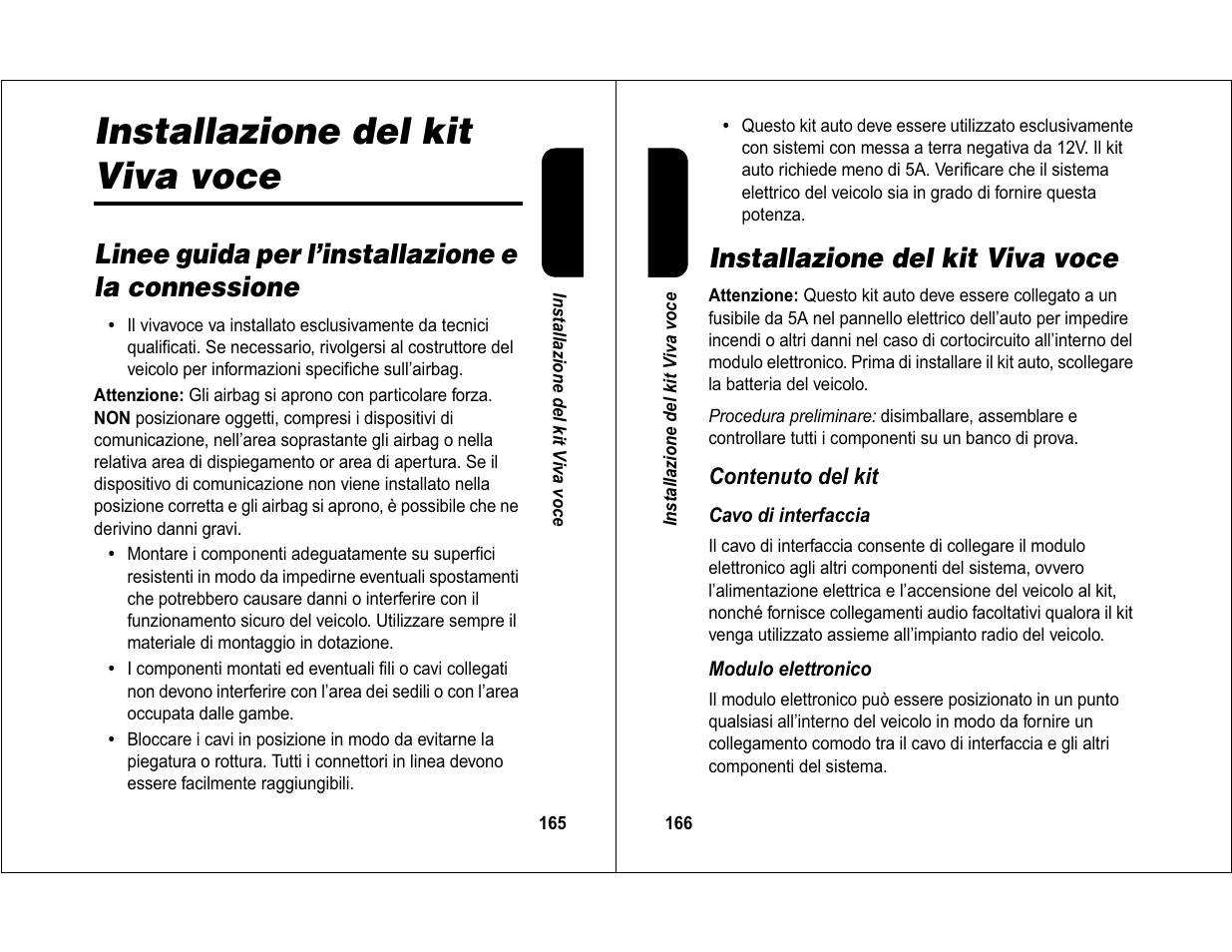 Installazione del kit viva voce, Linee guida per l’installazione e la connessione | Motorola 6840420Z01-AD User Manual | Page 87 / 141