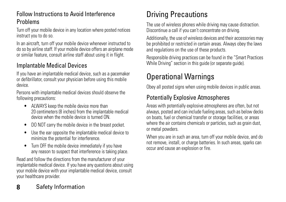 Driving precautions, Operational warnings | Motorola 6802937J48 User Manual | Page 10 / 88