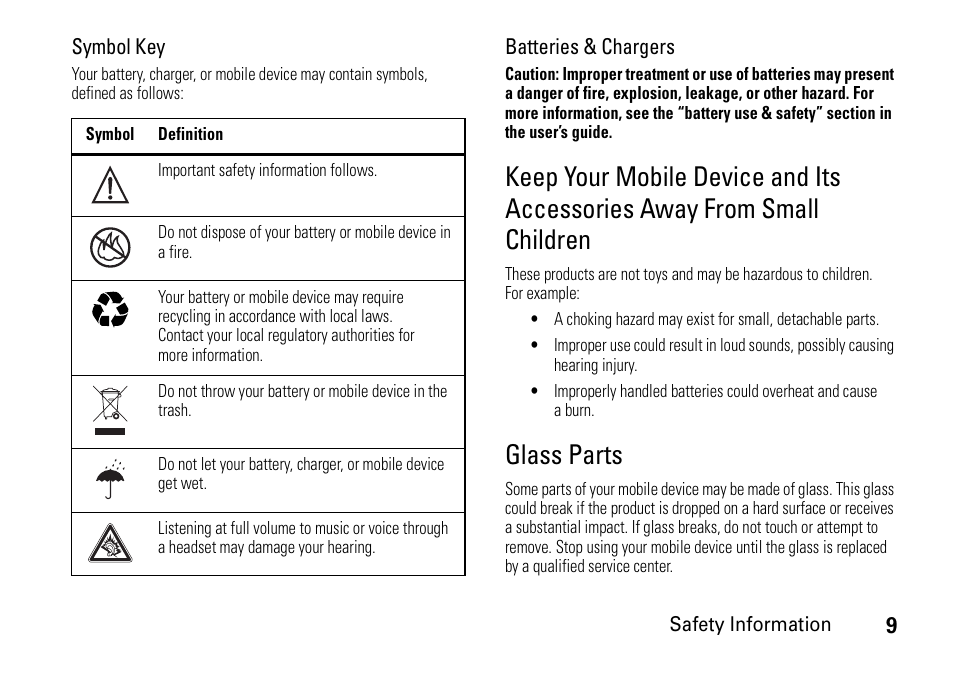 Glass parts, Symbol key, Batteries & chargers | Motorola 6802937J48 User Manual | Page 11 / 88