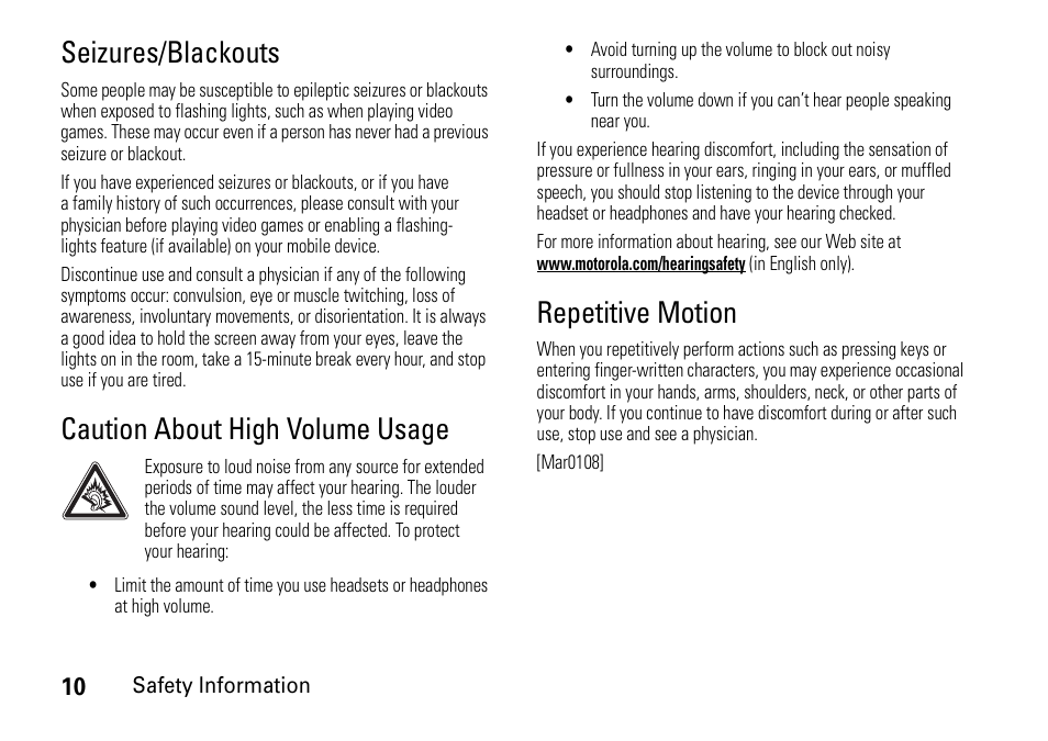 Seizures/blackouts, Caution about high volume usage, Repetitive motion | Motorola 6802937J48 User Manual | Page 12 / 88