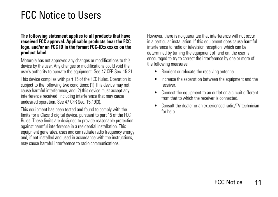 Fcc notice, Fcc notice to users | Motorola 6802937J48 User Manual | Page 13 / 88