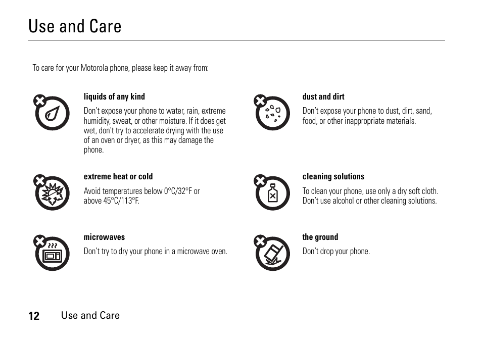 Use and care | Motorola 6802937J48 User Manual | Page 14 / 88