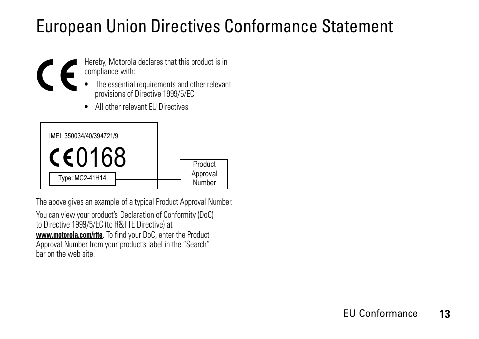 Eu conformance, European union directives conformance statement | Motorola 6802937J48 User Manual | Page 15 / 88