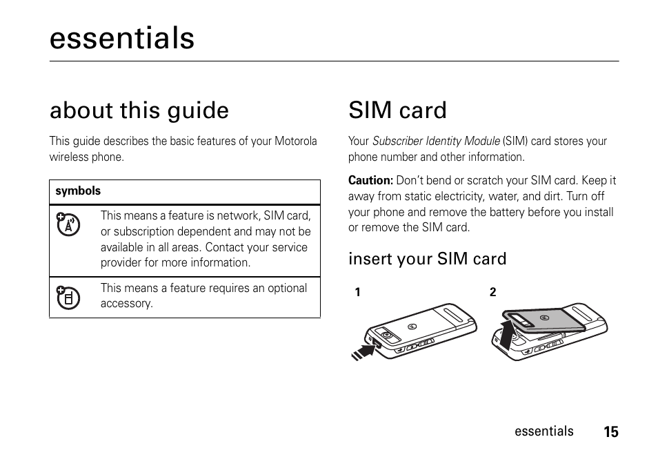Essentials, About this guide, Sim card | Motorola 6802937J48 User Manual | Page 17 / 88