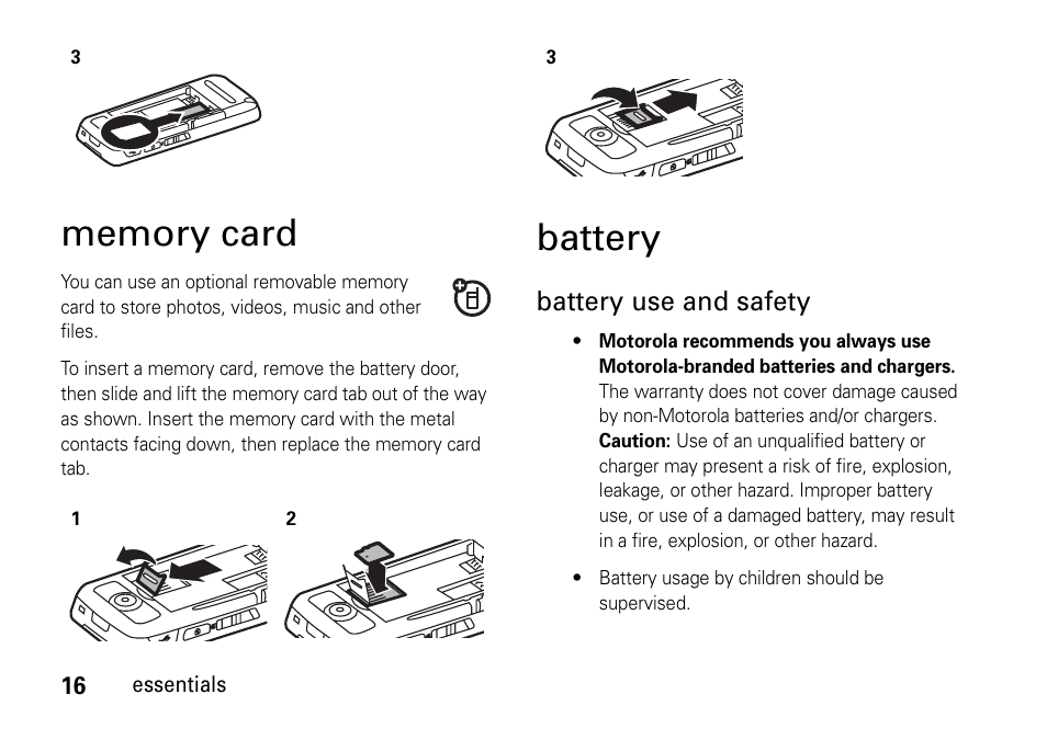 Memory card, Battery, Battery use and safety | Motorola 6802937J48 User Manual | Page 18 / 88