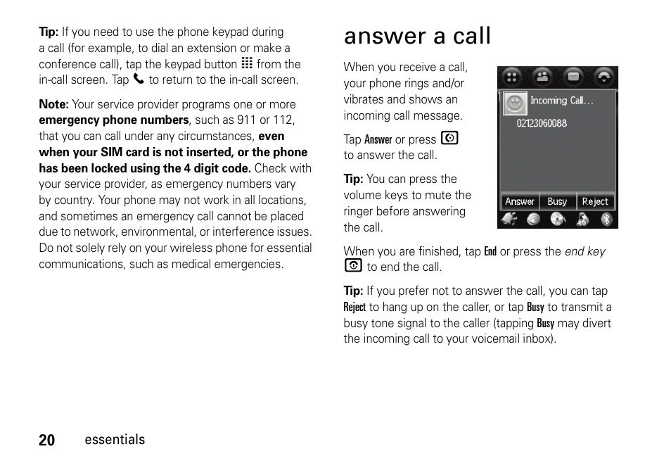 Answer a call | Motorola 6802937J48 User Manual | Page 22 / 88