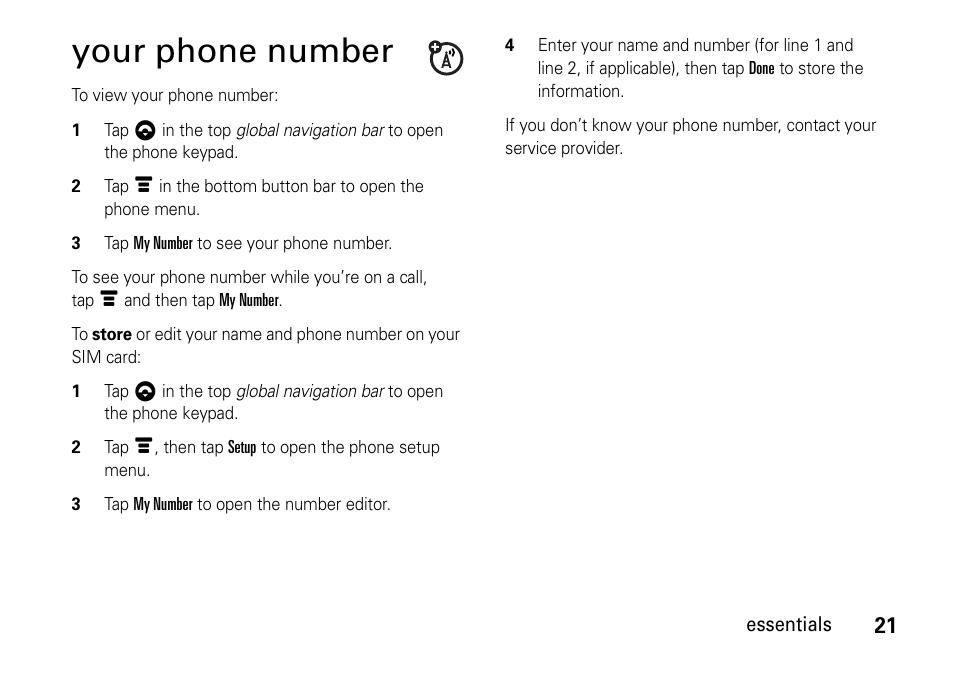 Your phone number | Motorola 6802937J48 User Manual | Page 23 / 88