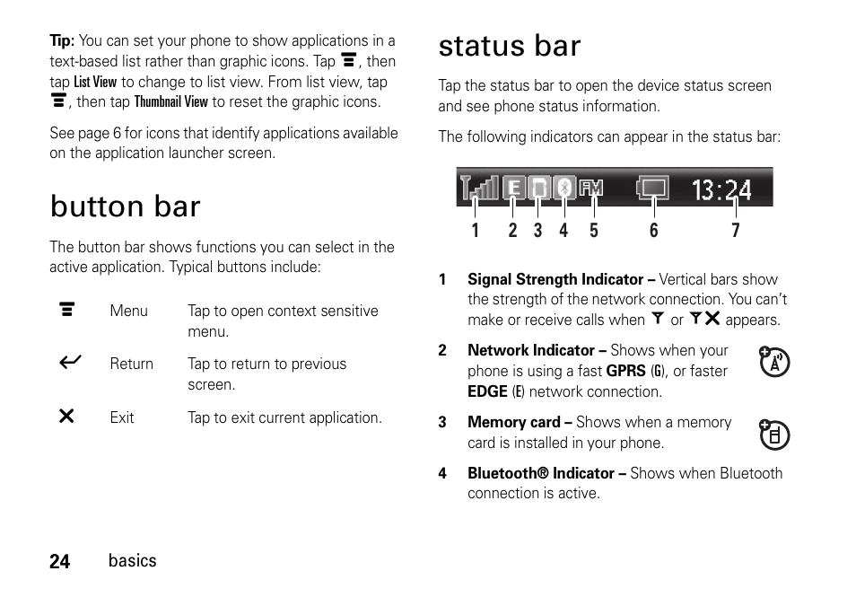 Button bar, Status bar | Motorola 6802937J48 User Manual | Page 26 / 88