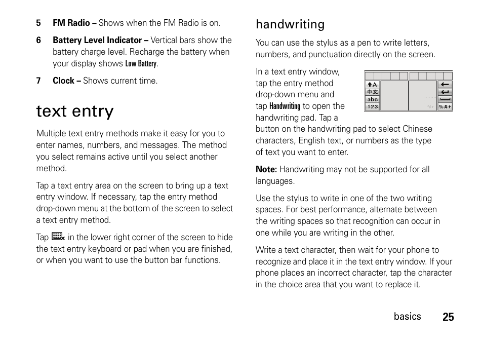 Text entry, Handwriting | Motorola 6802937J48 User Manual | Page 27 / 88