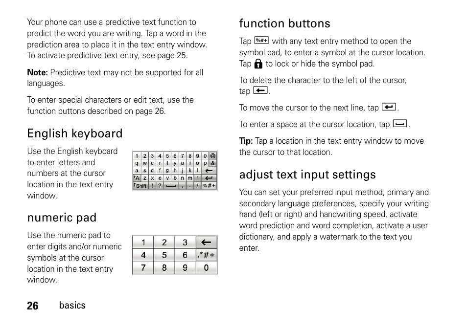 English keyboard, Numeric pad, Function buttons | Adjust text input settings | Motorola 6802937J48 User Manual | Page 28 / 88