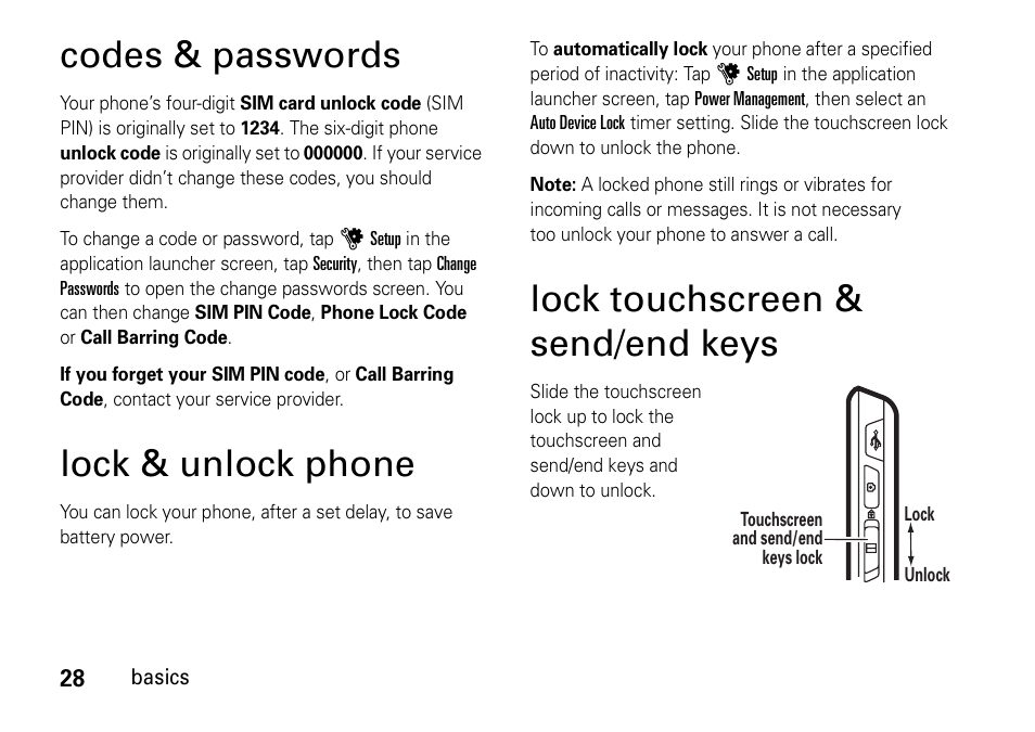 Codes & passwords, Lock & unlock phone, Lock touchscreen | Send/end keys, Lock touchscreen & send/end keys | Motorola 6802937J48 User Manual | Page 30 / 88