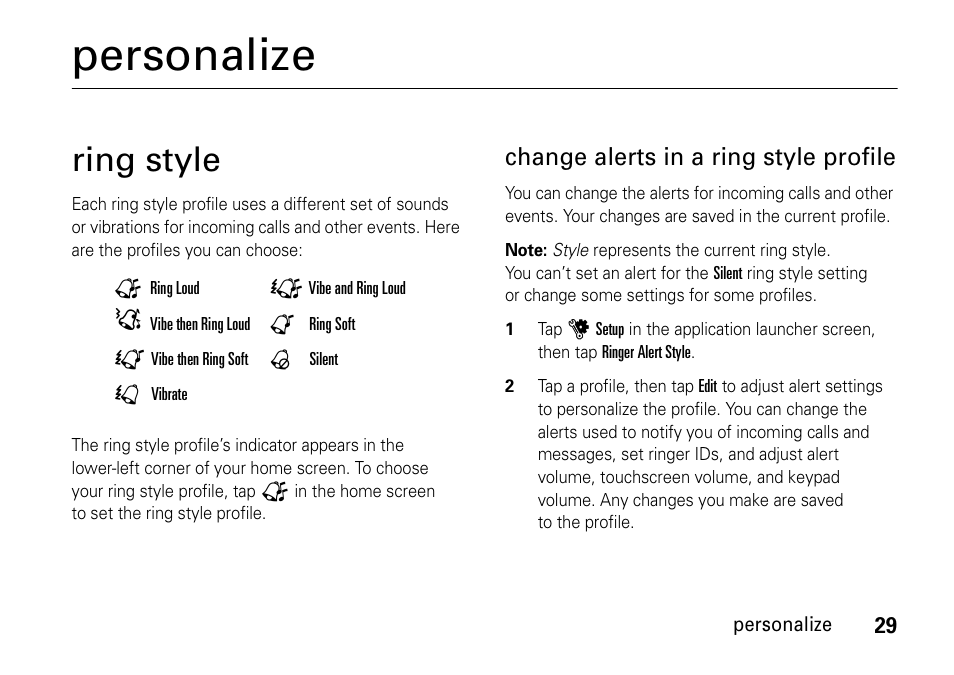 Personalize, Ring style, Change alerts in a ring style profile | Motorola 6802937J48 User Manual | Page 31 / 88