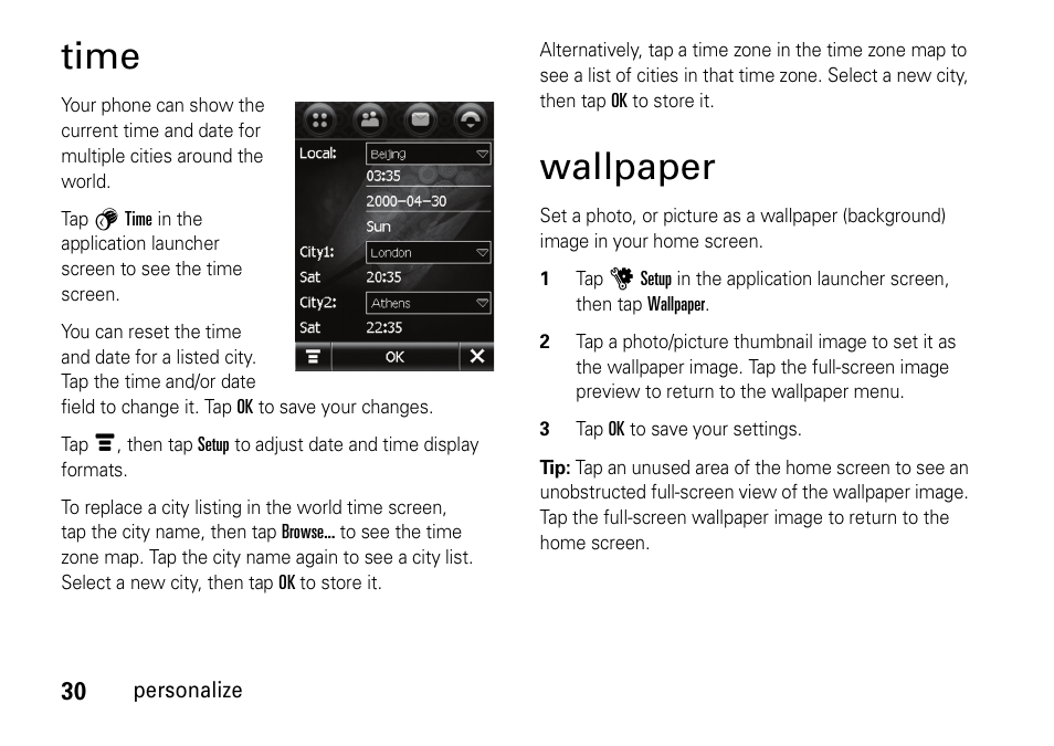 Time, Wallpaper | Motorola 6802937J48 User Manual | Page 32 / 88
