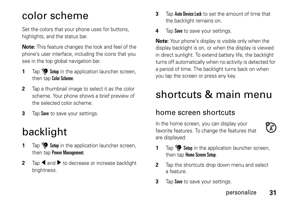 Color scheme, Backlight, Shortcuts & main menu | Home screen shortcuts | Motorola 6802937J48 User Manual | Page 33 / 88