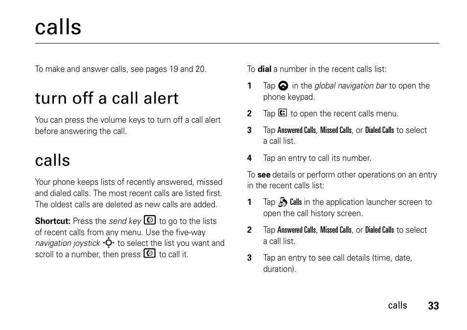 Calls, Turn off a call alert | Motorola 6802937J48 User Manual | Page 35 / 88