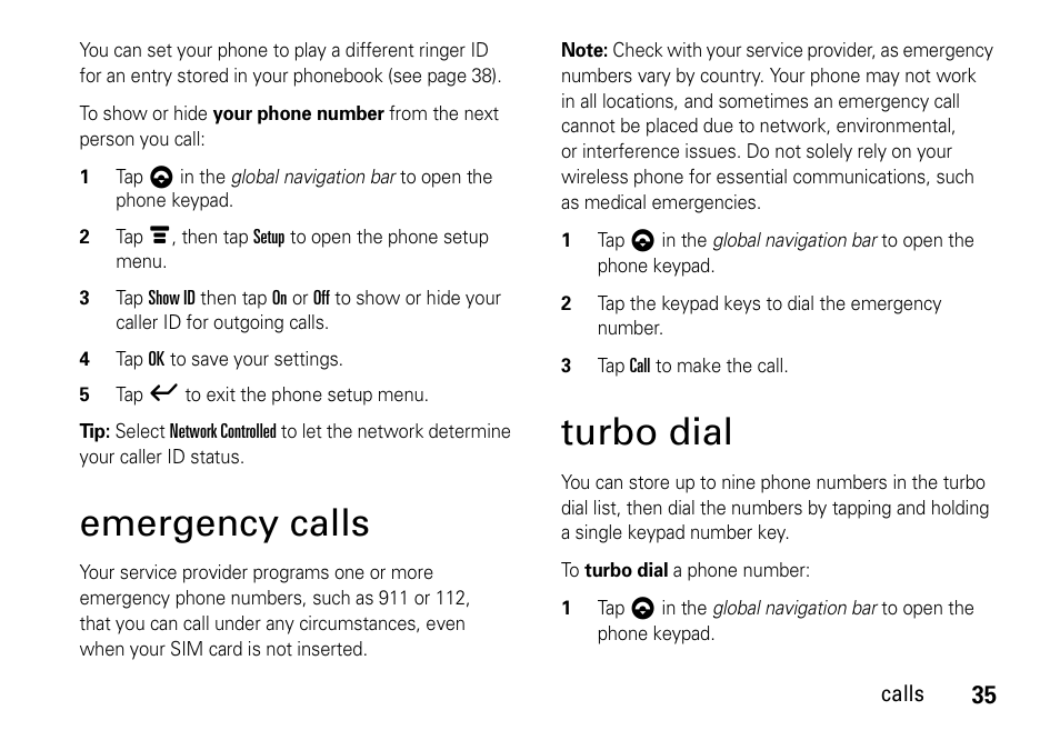 Emergency calls, Turbo dial | Motorola 6802937J48 User Manual | Page 37 / 88