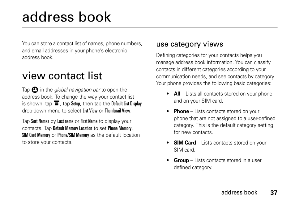 Address book, View contact list, Use category views | Motorola 6802937J48 User Manual | Page 39 / 88