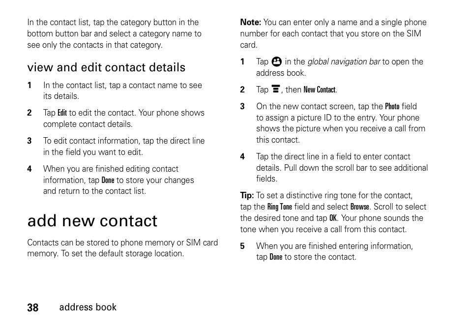 Add new contact, View and edit contact details | Motorola 6802937J48 User Manual | Page 40 / 88