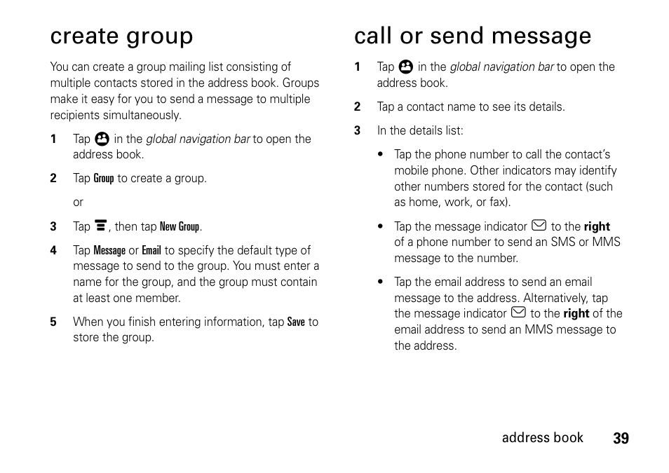 Create group, Call or send message | Motorola 6802937J48 User Manual | Page 41 / 88