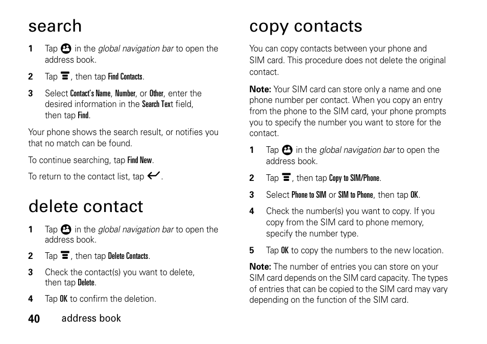 Search, Delete contact, Copy contacts | Motorola 6802937J48 User Manual | Page 42 / 88
