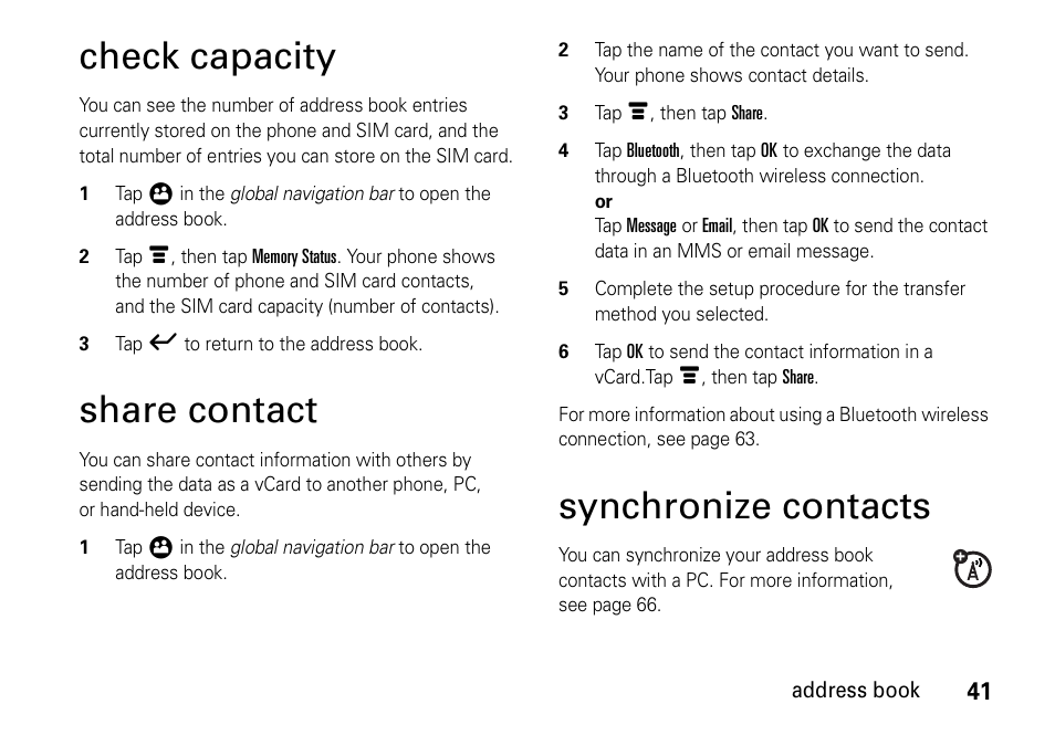 Check capacity, Share contact, Synchronize contacts | Motorola 6802937J48 User Manual | Page 43 / 88