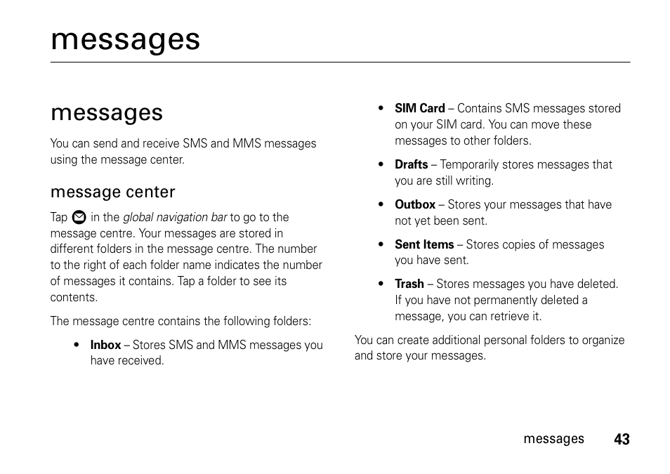 Messages, Message center | Motorola 6802937J48 User Manual | Page 45 / 88