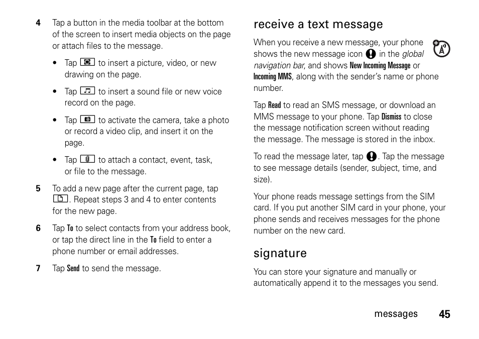 Receive a text message, Signature | Motorola 6802937J48 User Manual | Page 47 / 88