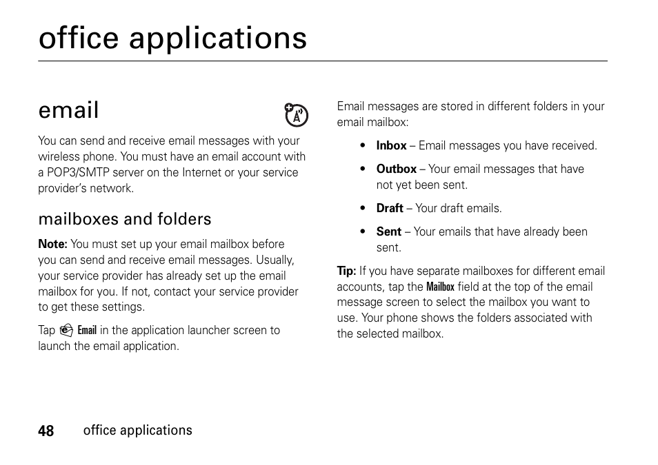 Office applications, Email, Mailboxes and folders | Motorola 6802937J48 User Manual | Page 50 / 88