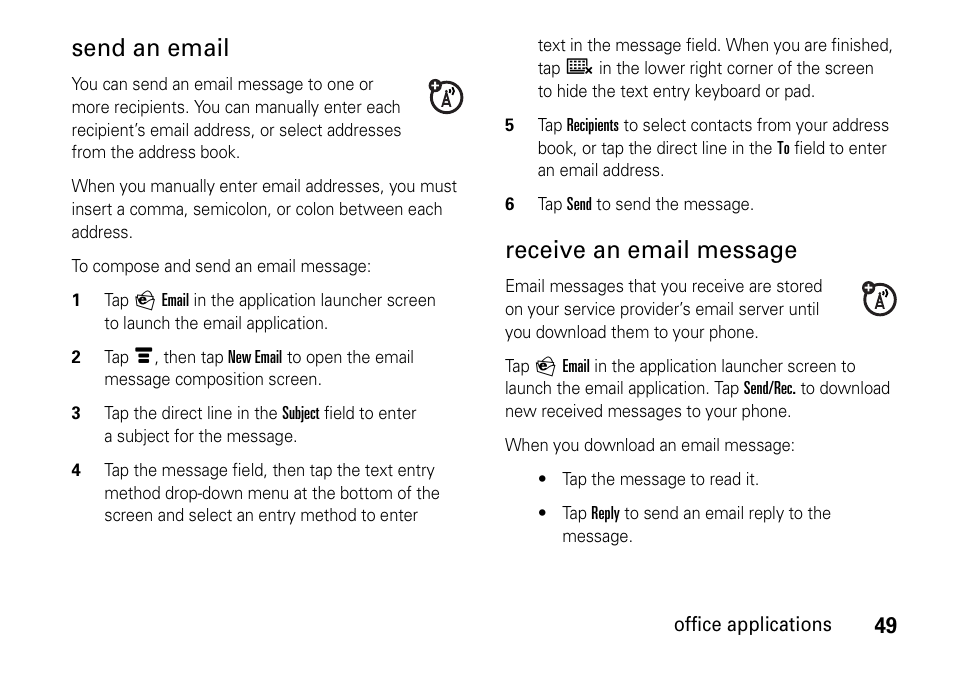 Send an email, Receive an email message | Motorola 6802937J48 User Manual | Page 51 / 88
