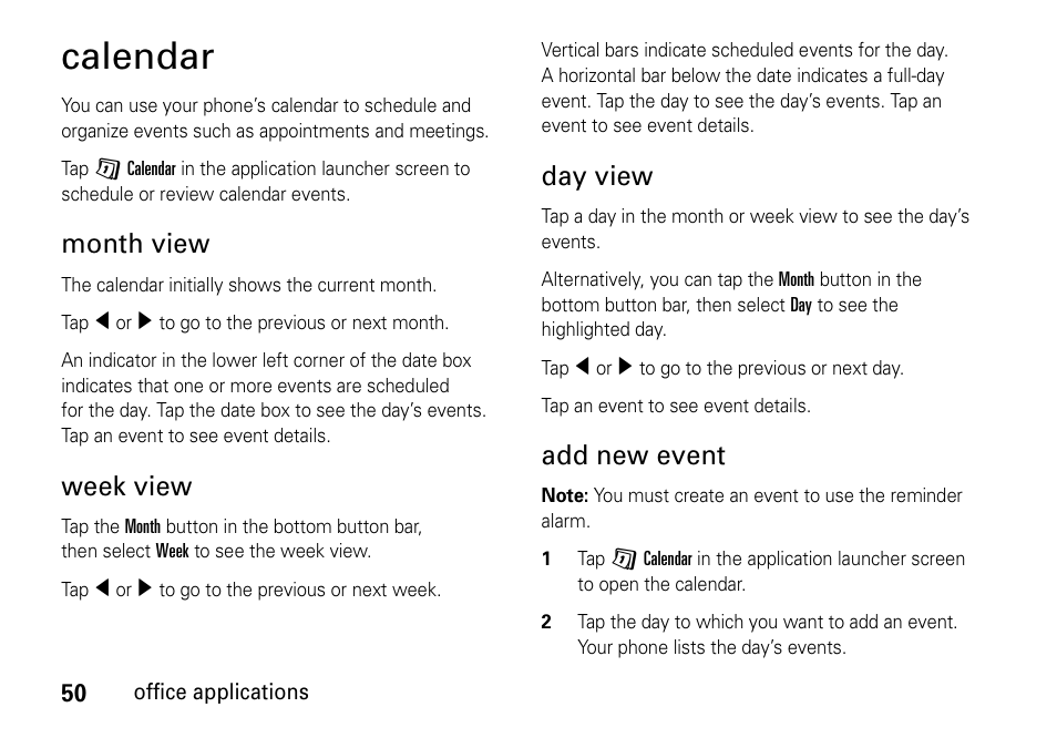 Calendar, Month view, Week view | Day view, Add new event | Motorola 6802937J48 User Manual | Page 52 / 88