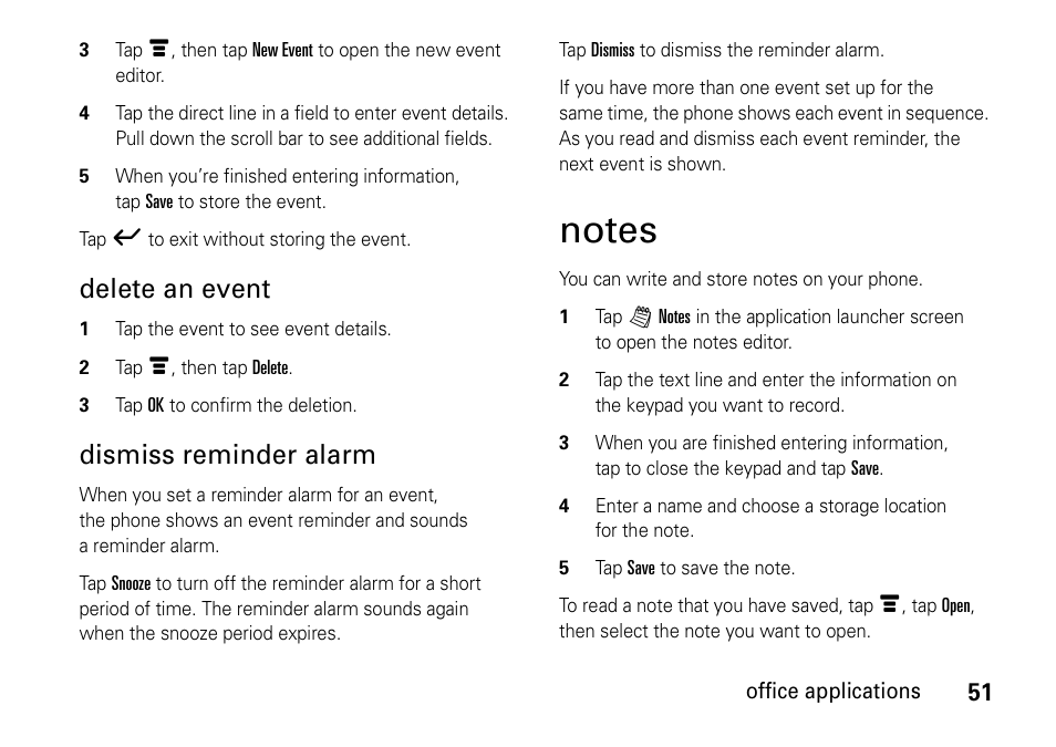 Notes, Delete an event, Dismiss reminder alarm | Motorola 6802937J48 User Manual | Page 53 / 88