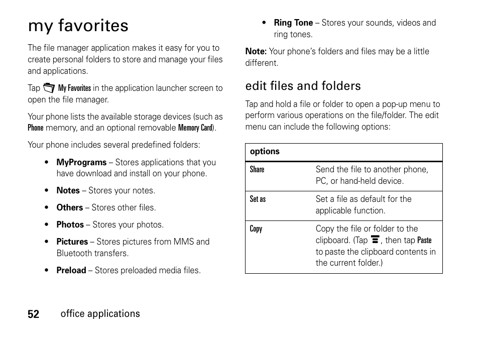 My favorites, Edit files and folders | Motorola 6802937J48 User Manual | Page 54 / 88