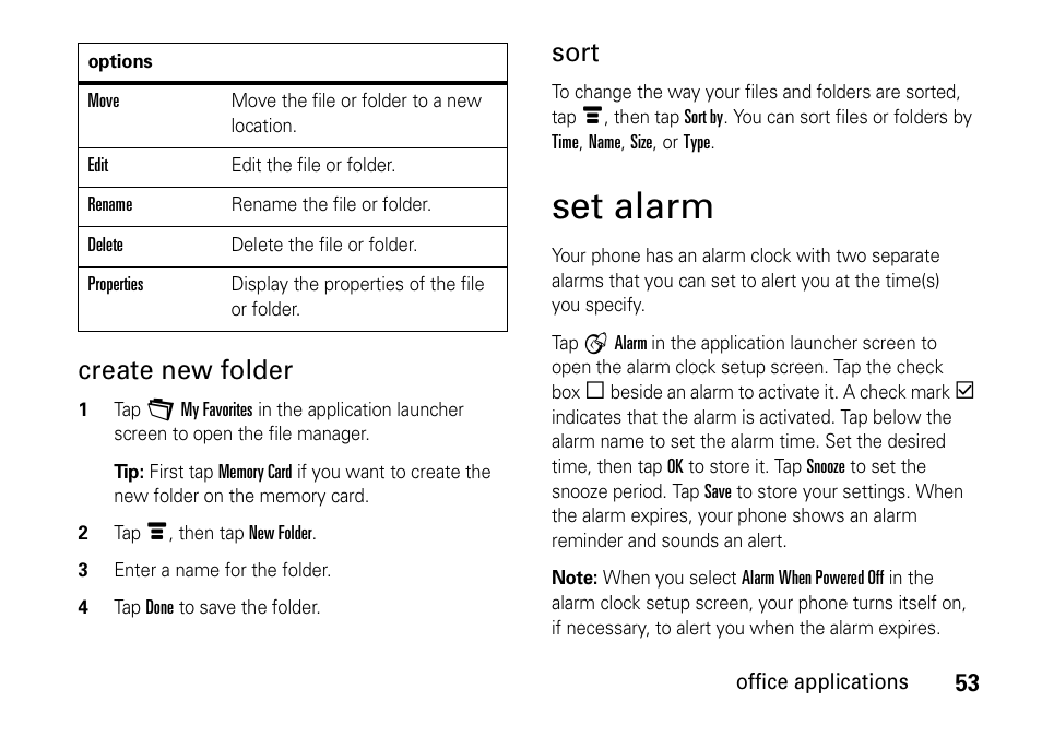 Set alarm, Create new folder, Sort | Motorola 6802937J48 User Manual | Page 55 / 88