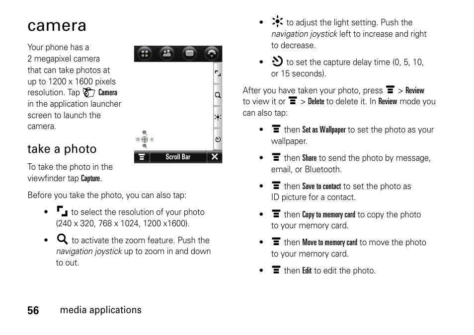 Camera, Take a photo | Motorola 6802937J48 User Manual | Page 58 / 88